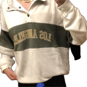 Forever 21 White and Olive Green Collared Sweatshirt